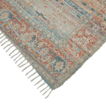 4' X 6' Blue Brick Red And Ivory Oriental Hand Woven Area Rug With Fringe