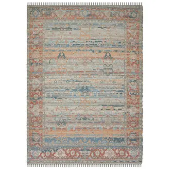 4' X 6' Blue Brick Red And Ivory Oriental Hand Woven Area Rug With Fringe