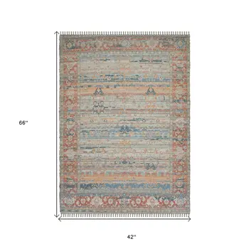 4' X 6' Blue Brick Red And Ivory Oriental Hand Woven Area Rug With Fringe