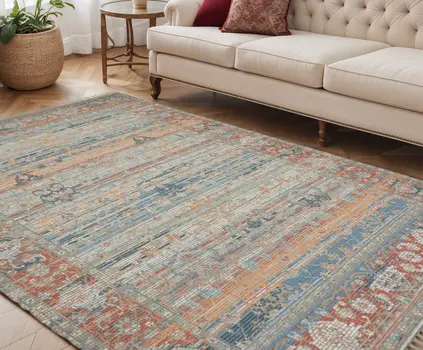 5' X 7' Blue Brick Red And Ivory Oriental Hand Woven Area Rug With Fringe