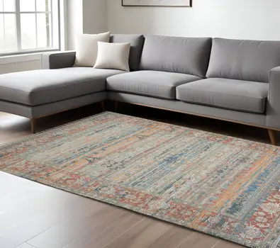 8' X 10' Blue Brick Red And Ivory Oriental Hand Woven Area Rug With Fringe