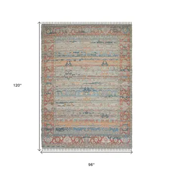 8' X 10' Blue Brick Red And Ivory Oriental Hand Woven Area Rug With Fringe