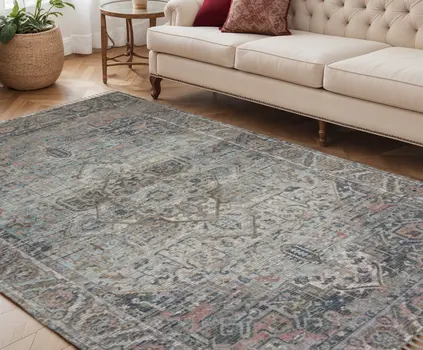 5' X 7' Light Blue Gray And Pink Oriental Hand Woven Area Rug With Fringe