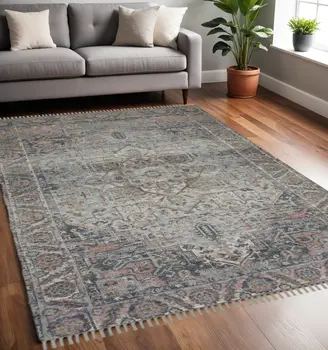 5' X 7' Light Blue Gray And Pink Oriental Hand Woven Area Rug With Fringe