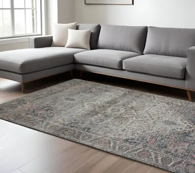 8' X 10' Light Blue Gray And Pink Oriental Hand Woven Area Rug With Fringe