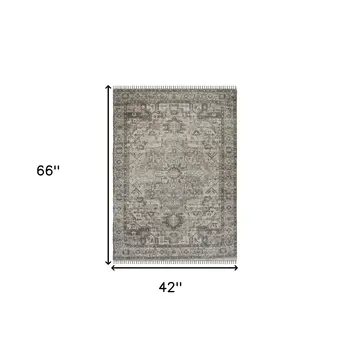 4' X 6' Gray Dark Gray And Dark Pink Oriental Hand Woven Area Rug With Fringe