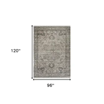 8' X 10' Gray Dark Gray And Dark Pink Oriental Hand Woven Area Rug With Fringe