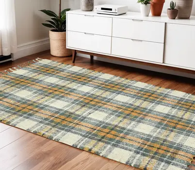 4' X 6' Orange Green And Ivory Jute Plaid Hand Woven Area Rug With Fringe