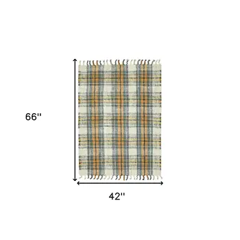 4' X 6' Orange Green And Ivory Jute Plaid Hand Woven Area Rug With Fringe
