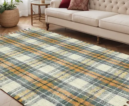 5' X 7' Orange Green And Ivory Jute Plaid Hand Woven Area Rug With Fringe