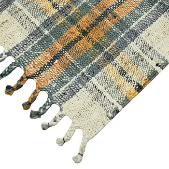 5' X 7' Orange Green And Ivory Jute Plaid Hand Woven Area Rug With Fringe