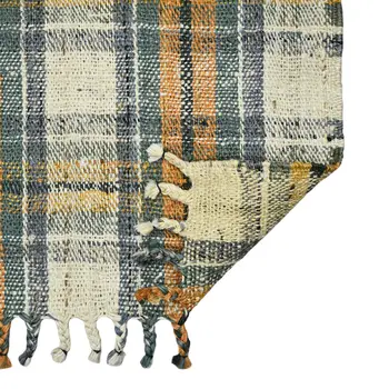 5' X 7' Orange Green And Ivory Jute Plaid Hand Woven Area Rug With Fringe
