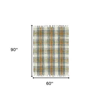 5' X 7' Orange Green And Ivory Jute Plaid Hand Woven Area Rug With Fringe