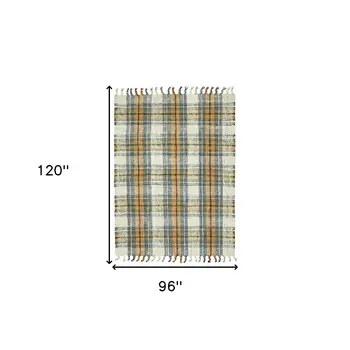 8' X 10' Orange Green And Ivory Jute Plaid Hand Woven Area Rug With Fringe
