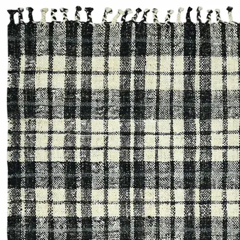 4' X 6' Black And Ivory Jute Plaid Hand Woven Area Rug With Fringe