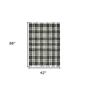 4' X 6' Black And Ivory Jute Plaid Hand Woven Area Rug With Fringe