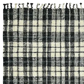 5' X 7' Black And Ivory Jute Plaid Hand Woven Area Rug With Fringe