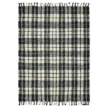 8' X 10' Black And Ivory Jute Plaid Hand Woven Area Rug With Fringe
