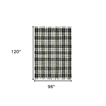 8' X 10' Black And Ivory Jute Plaid Hand Woven Area Rug With Fringe