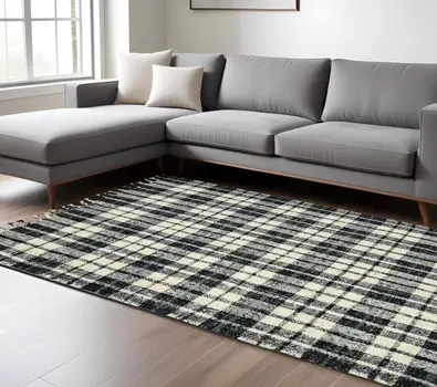 8' X 10' Black And Ivory Jute Plaid Hand Woven Area Rug With Fringe