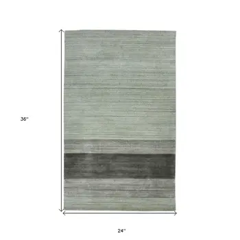 2' X 3' Gray And Light Green Wool Striped Hand Woven Area Rug