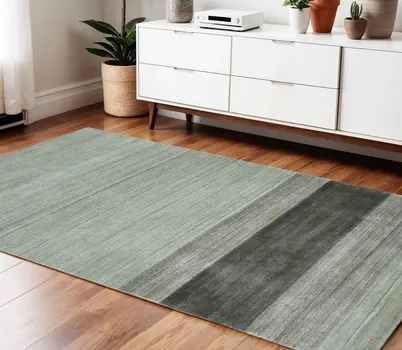 4' X 6' Gray And Light Green Wool Striped Hand Woven Area Rug
