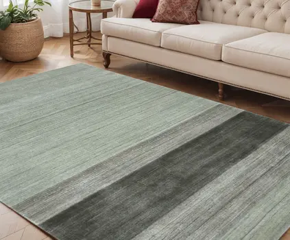 5' X 8' Gray And Light Green Wool Striped Hand Woven Area Rug