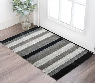 2' X 3' Black And Gray Wool Striped Hand Woven Area Rug