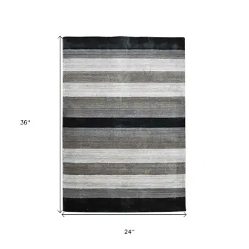 2' X 3' Black And Gray Wool Striped Hand Woven Area Rug