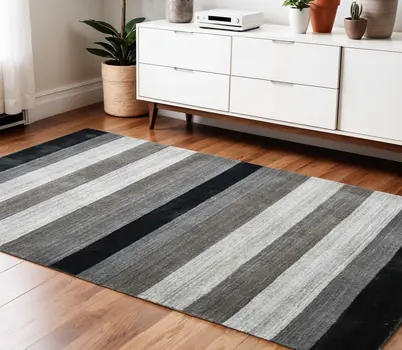 4' X 6' Black And Gray Wool Striped Hand Woven Area Rug