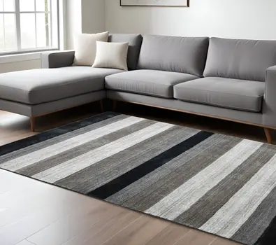 9' X 12' Black And Gray Wool Striped Hand Woven Area Rug