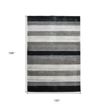 10' X 14' Black And Gray Wool Striped Hand Woven Area Rug