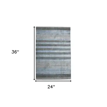2' X 3' Gray And Light Blue Wool Striped Hand Woven Area Rug
