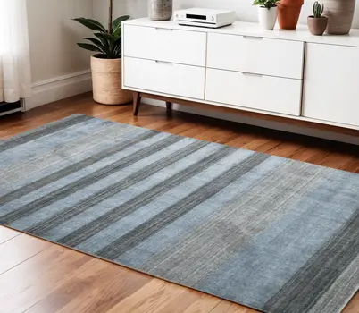 4' X 6' Gray And Light Blue Wool Striped Hand Woven Area Rug