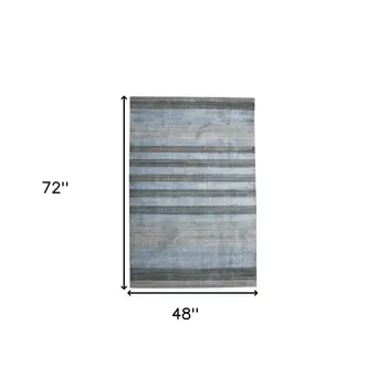 4' X 6' Gray And Light Blue Wool Striped Hand Woven Area Rug