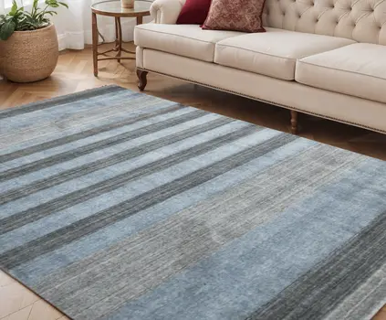 5' X 8' Gray And Light Blue Wool Striped Hand Woven Area Rug