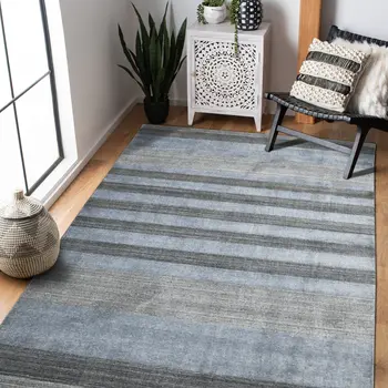 5' X 8' Gray And Light Blue Wool Striped Hand Woven Area Rug