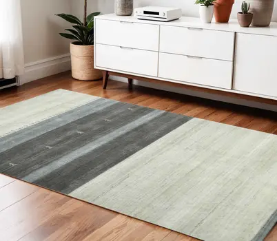 4' X 6' Ivory Gray And Green Wool Striped Hand Woven Area Rug