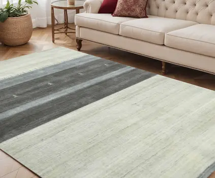 5' X 8' Ivory Gray And Green Wool Striped Hand Woven Area Rug