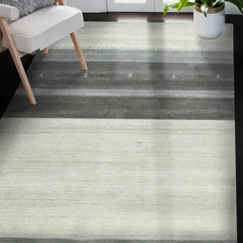 5' X 8' Ivory Gray And Green Wool Striped Hand Woven Area Rug
