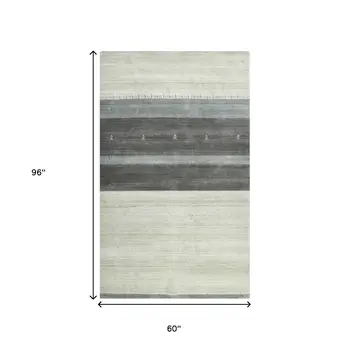 5' X 8' Ivory Gray And Green Wool Striped Hand Woven Area Rug