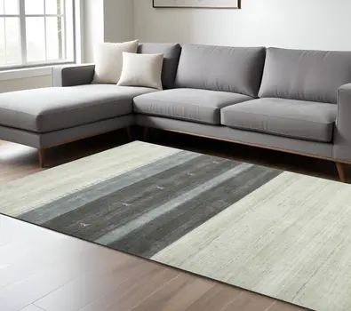 10' X 14' Ivory Gray And Green Wool Striped Hand Woven Area Rug