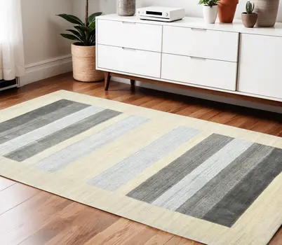 4' X 6' Ivory And Gray Wool Striped Hand Woven Area Rug