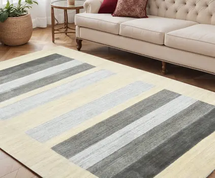 5' X 8' Ivory And Gray Wool Striped Hand Woven Area Rug