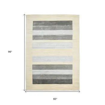 5' X 8' Ivory And Gray Wool Striped Hand Woven Area Rug