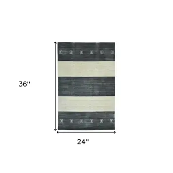 2' X 3' Charcoal And Ivory Wool Striped Hand Woven Area Rug