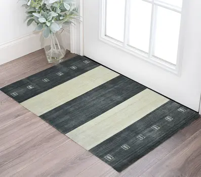 2' X 3' Charcoal And Ivory Wool Striped Hand Woven Area Rug