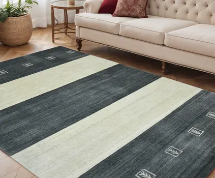 5' X 8' Charcoal And Ivory Wool Striped Hand Woven Area Rug