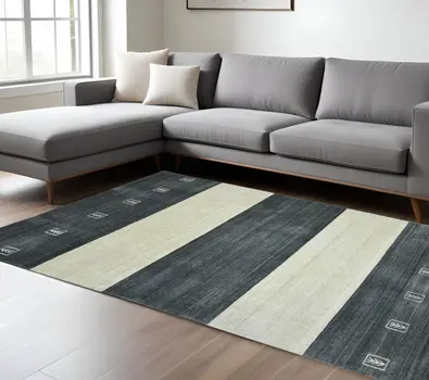 9' X 12' Charcoal And Ivory Wool Striped Hand Woven Area Rug