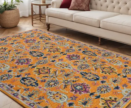 5' X 8' Orange Purple And Blue Wool Floral Hand Tufted Area Rug